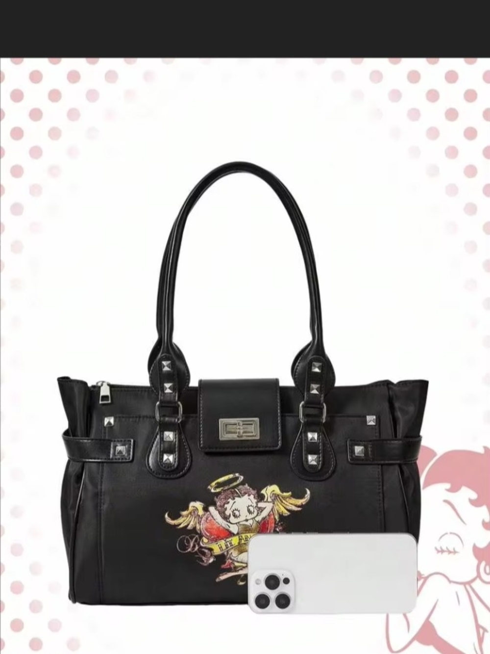Betty Boop Black Studded Tote with Colorful Graphic - Picture 4 of 6